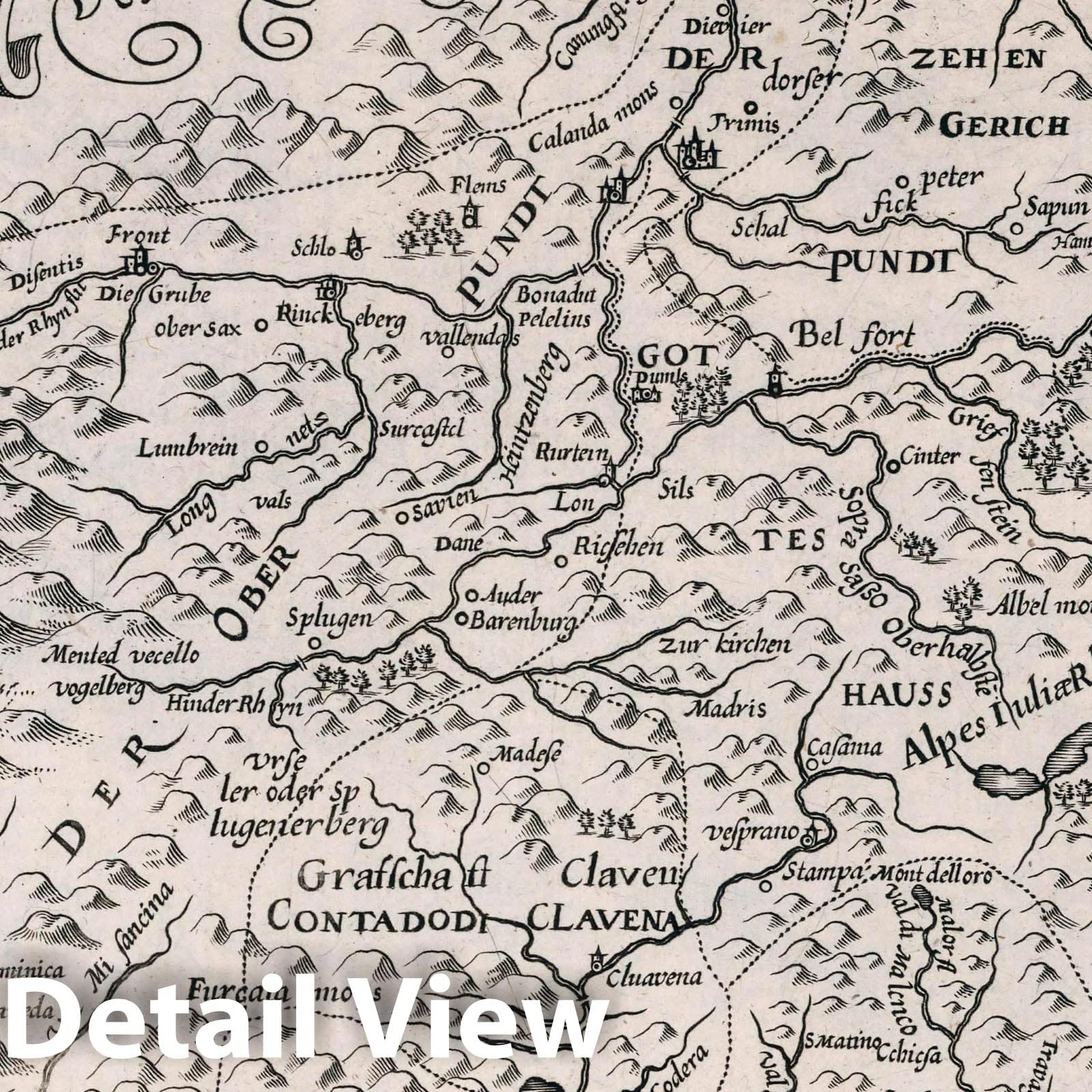 Grisons and Valtelline, Switzerland - River Map, 1636 - Historical Map Print