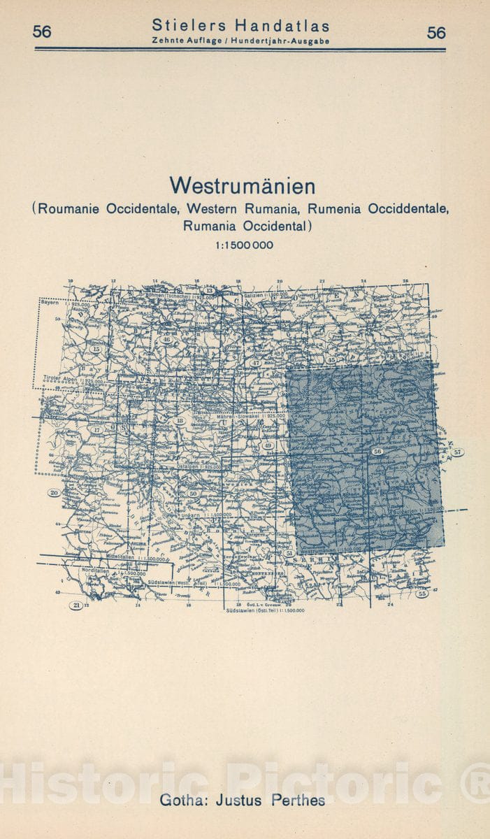 Historic Map : 1925 Index Map: 56. Westrumanien. Western Rumania. - Vintage Wall Art