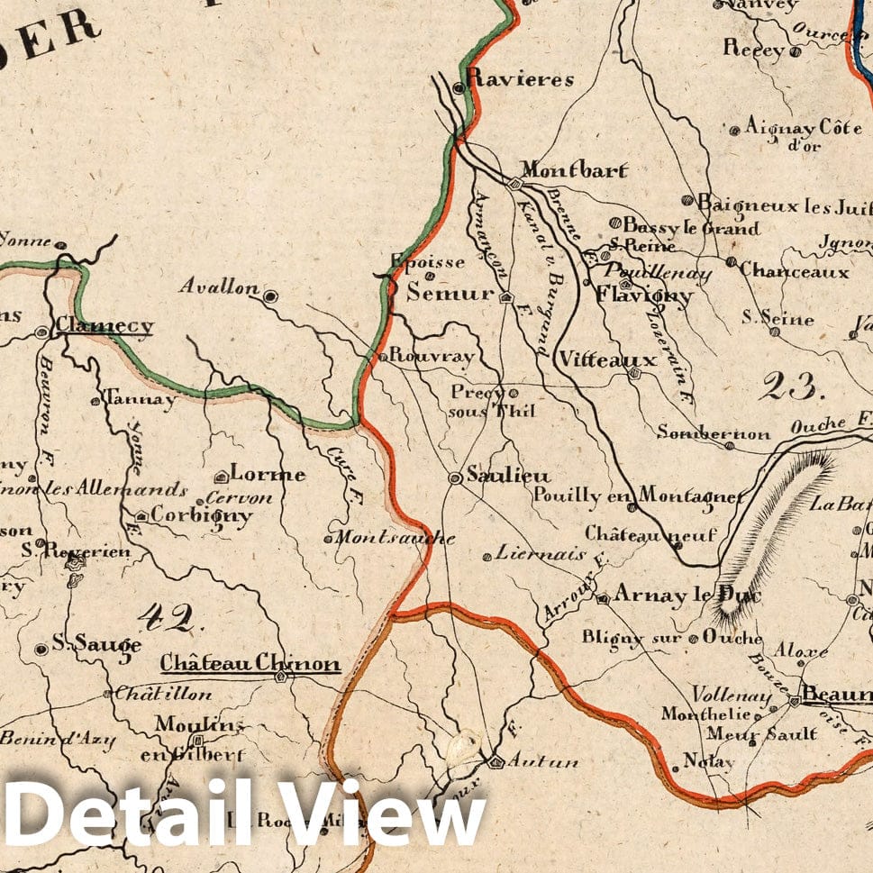 Côte d'Or and Nièvre, France - Road Map, 1825 - Historical Map Reproduction