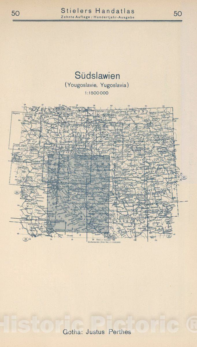 Historic Map : 1925 Index Map: 50. Sudslawien. Yugoslavia. - Vintage Wall Art