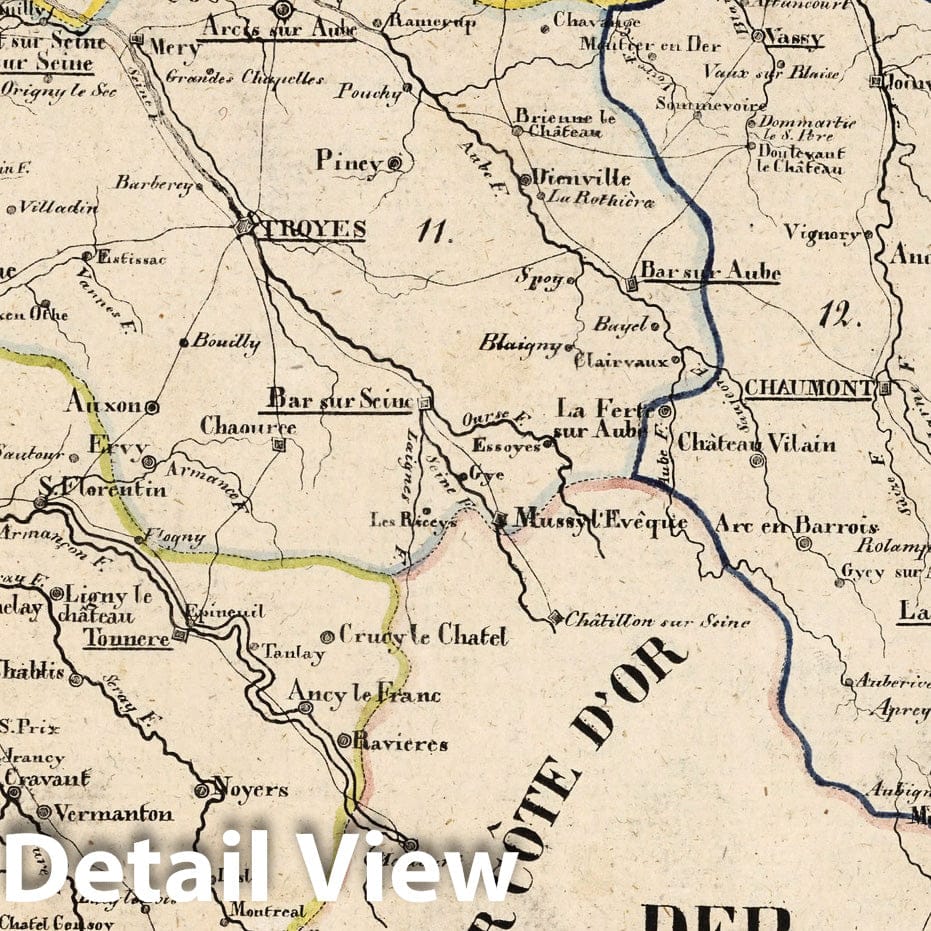 Aube, Marne, and Yonne Departments, France - Road Map, 1825