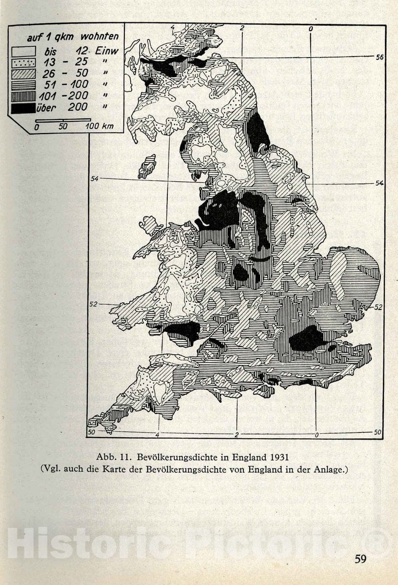 Historic Map : 1941 Military Atlas - Fig. 11. Population Density in England, 1931. - Vintage Wall Art