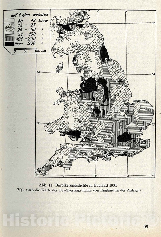 Historic Map : 1941 Military Atlas - Fig. 11. Population Density in England, 1931. - Vintage Wall Art