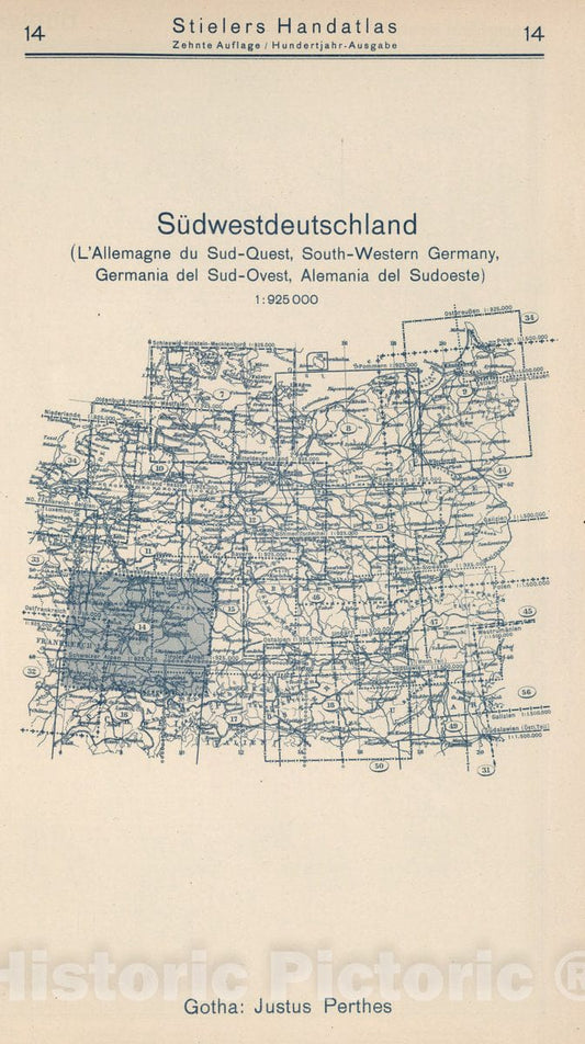 Historic Map : 1925 Index Map: 14. Sudwestdeutschland. South-Western Germany. - Vintage Wall Art