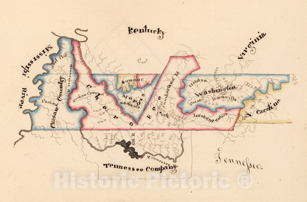 Historic Map : Tennessee. Harriet E. Baker's Book of Penmanship & Map. at Mr. Dunham's School Windsor Vermont March 31, 1819, 1819 - Vintage Wall Art