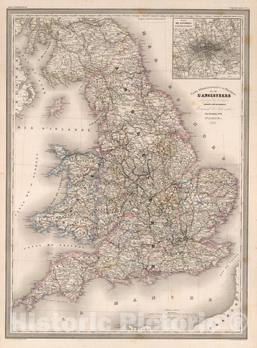 Historic Map : England, Carte administativeet Physique de l'Angleterre. Pl. 19, 1863 Atlas , Vintage Wall Art