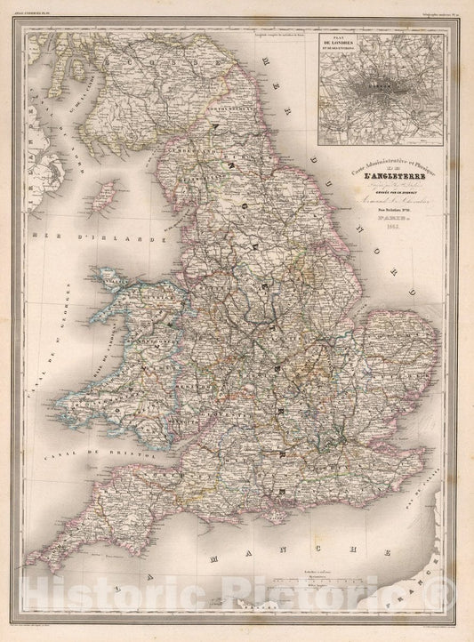 Historic Map : England, Carte administativeet Physique de l'Angleterre. Pl. 19, 1863 Atlas , Vintage Wall Art