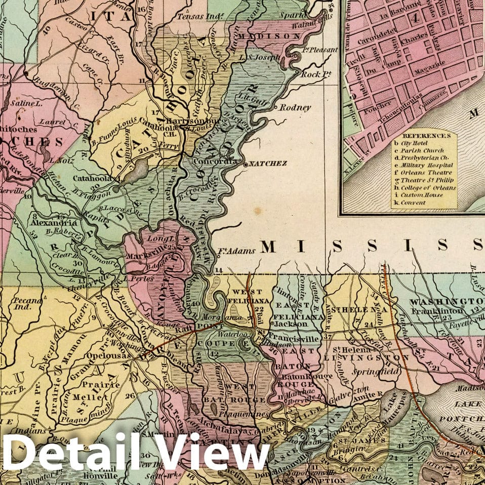 Louisiana - Road Map, 1839 - H.S. Tanner Historical Map Print