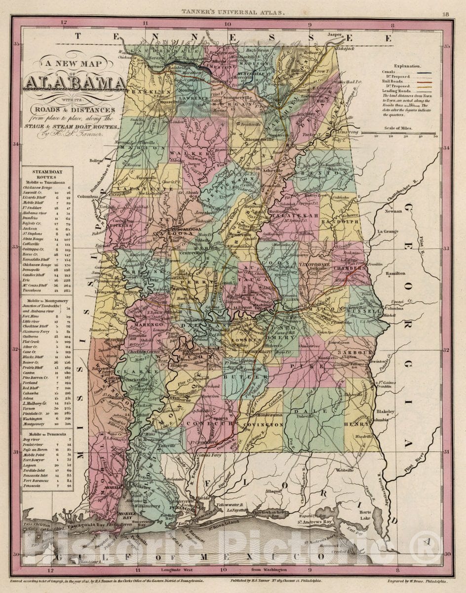 Historic Map : A New Map of Alabama with Its Roads & Distances by H.S. Tanner, 1841 Atlas - Vintage Wall Art