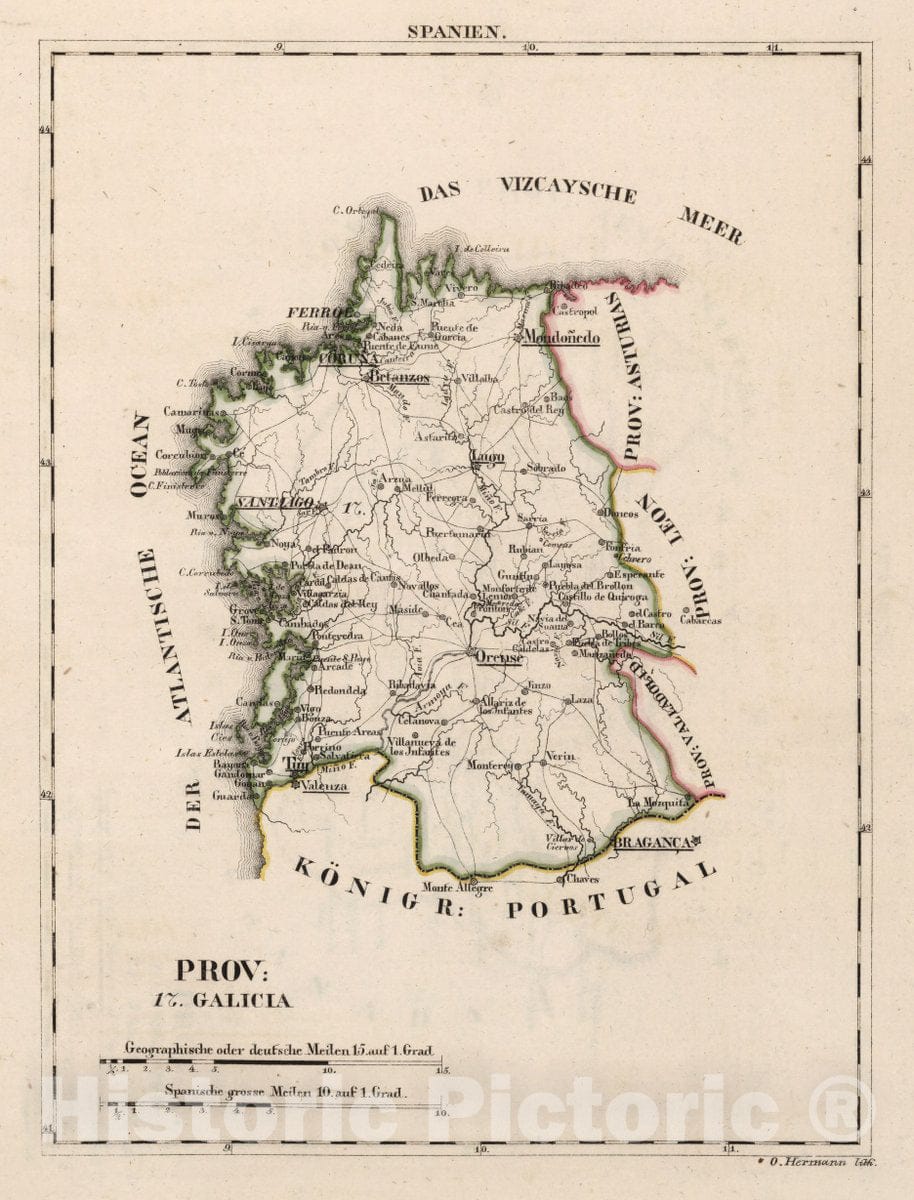 Historic Map : Spain, V.1:1-5: IV: Spanien. Prov: 17. Galicia, 1825 Atlas , Vintage Wall Art