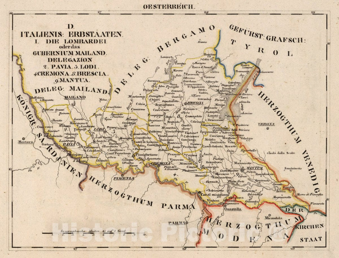 Historic Map : Austria, V.3:11-15:XI:1. Oesterreich. D. Italienis: Erbstaaten. I. Die Lombardei, 1828 Atlas , Vintage Wall Art