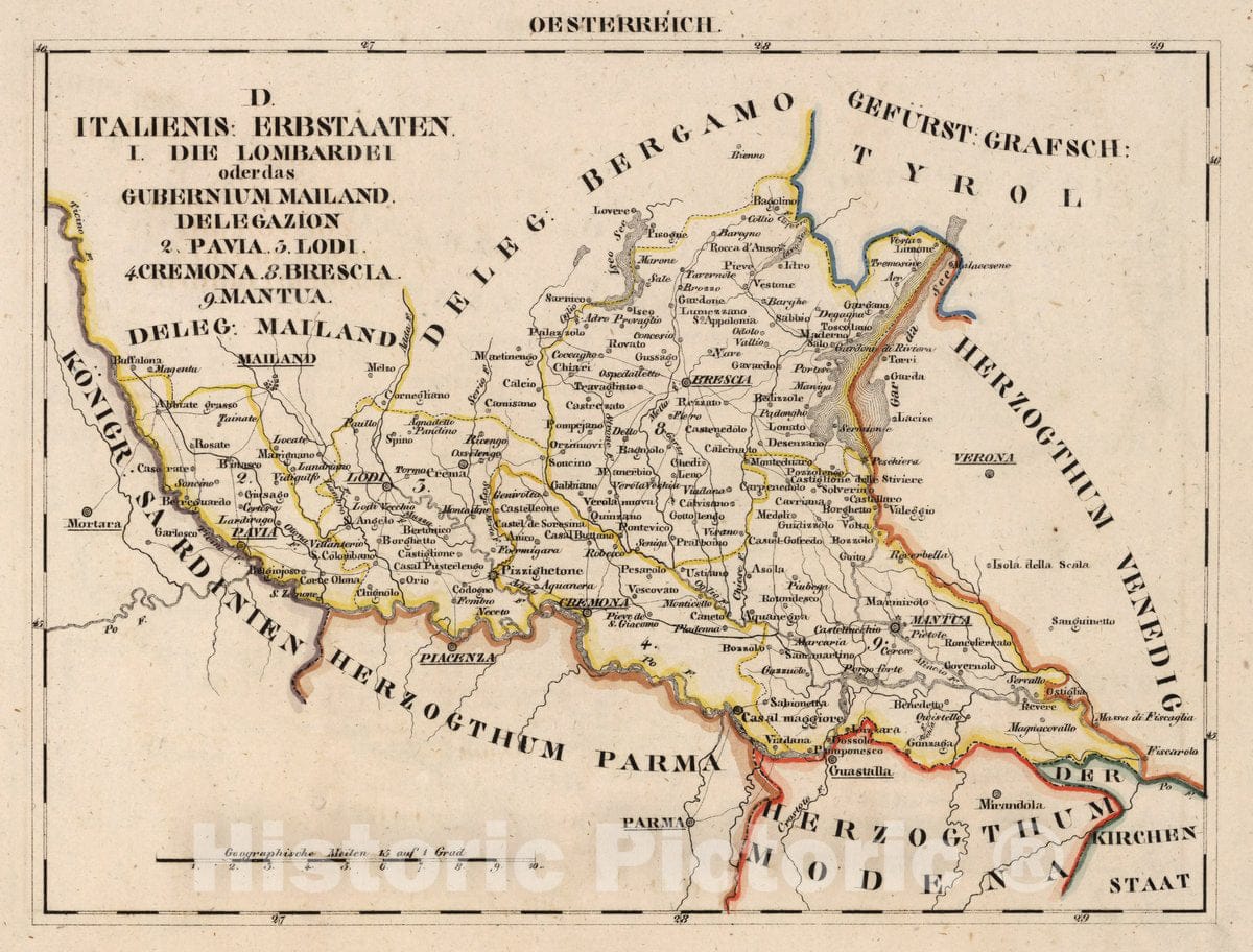 Historic Map : Austria, V.3:11-15:XI:1. Oesterreich. D. Italienis: Erbstaaten. I. Die Lombardei, 1828 Atlas , Vintage Wall Art