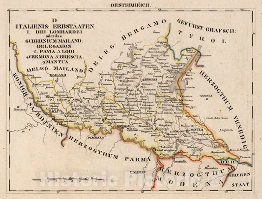 Historic Map : Austria, V.3:11-15:XI:1. Oesterreich. D. Italienis: Erbstaaten. I. Die Lombardei, 1828 Atlas , Vintage Wall Art