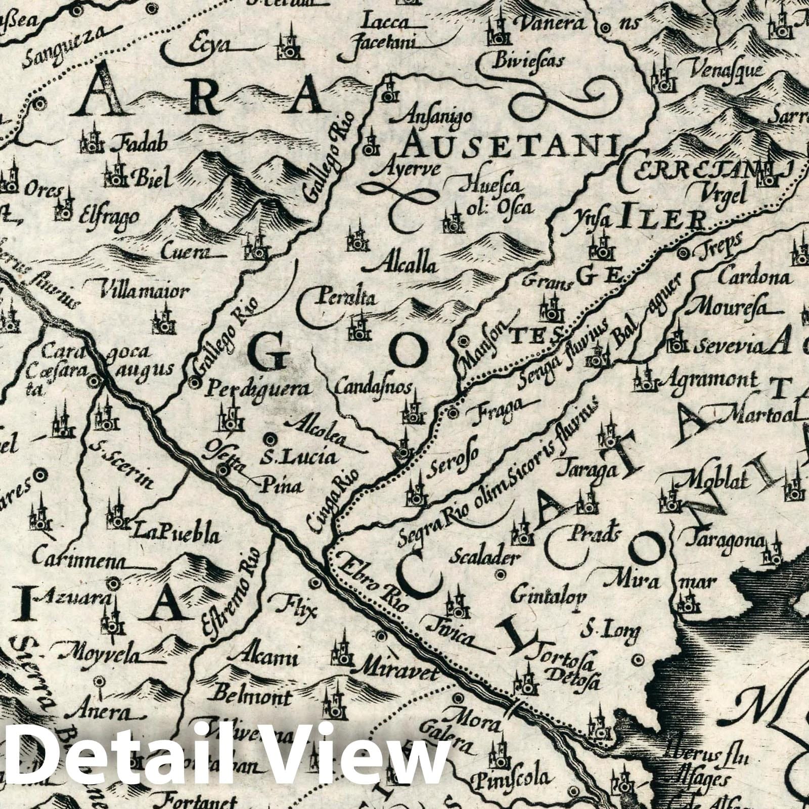 Aragon and Catalonia, Spain - River Map, 1636 - Historical Map Print