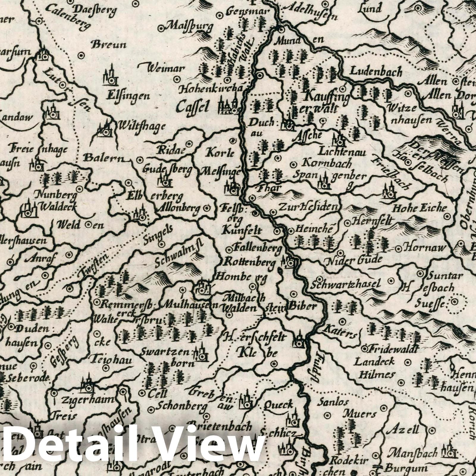 Hesse-Kassel - River Map, 1636 - Historical Map Print