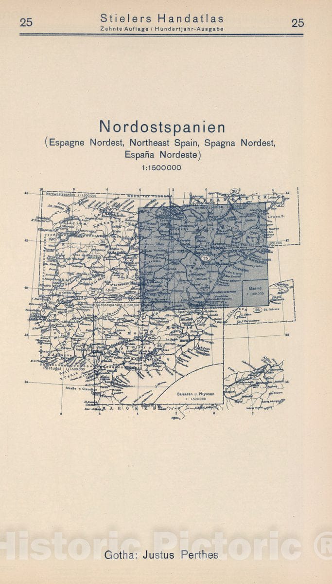 Historic Map : 1925 Index Map: 25. Nordostspanien. Northeast Spain. - Vintage Wall Art