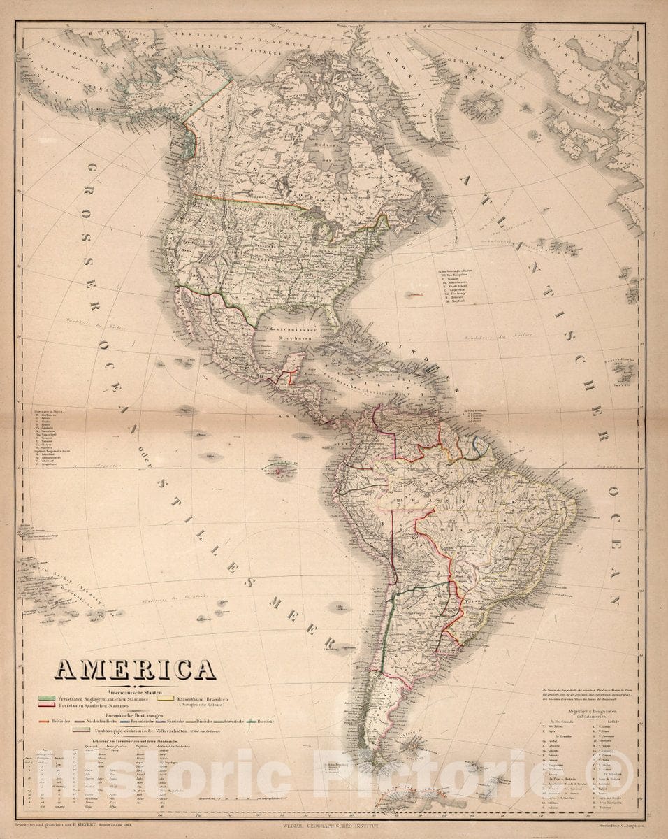 Historical Map : America. Bearbeitet und gezeichnet von H. Kiepert. Revidirt v. C. Graf, 1865. Gestochen v. C. Jungmann. Weimar: Geographisches Institut, 1865 Atlas - Vintage Wall Art