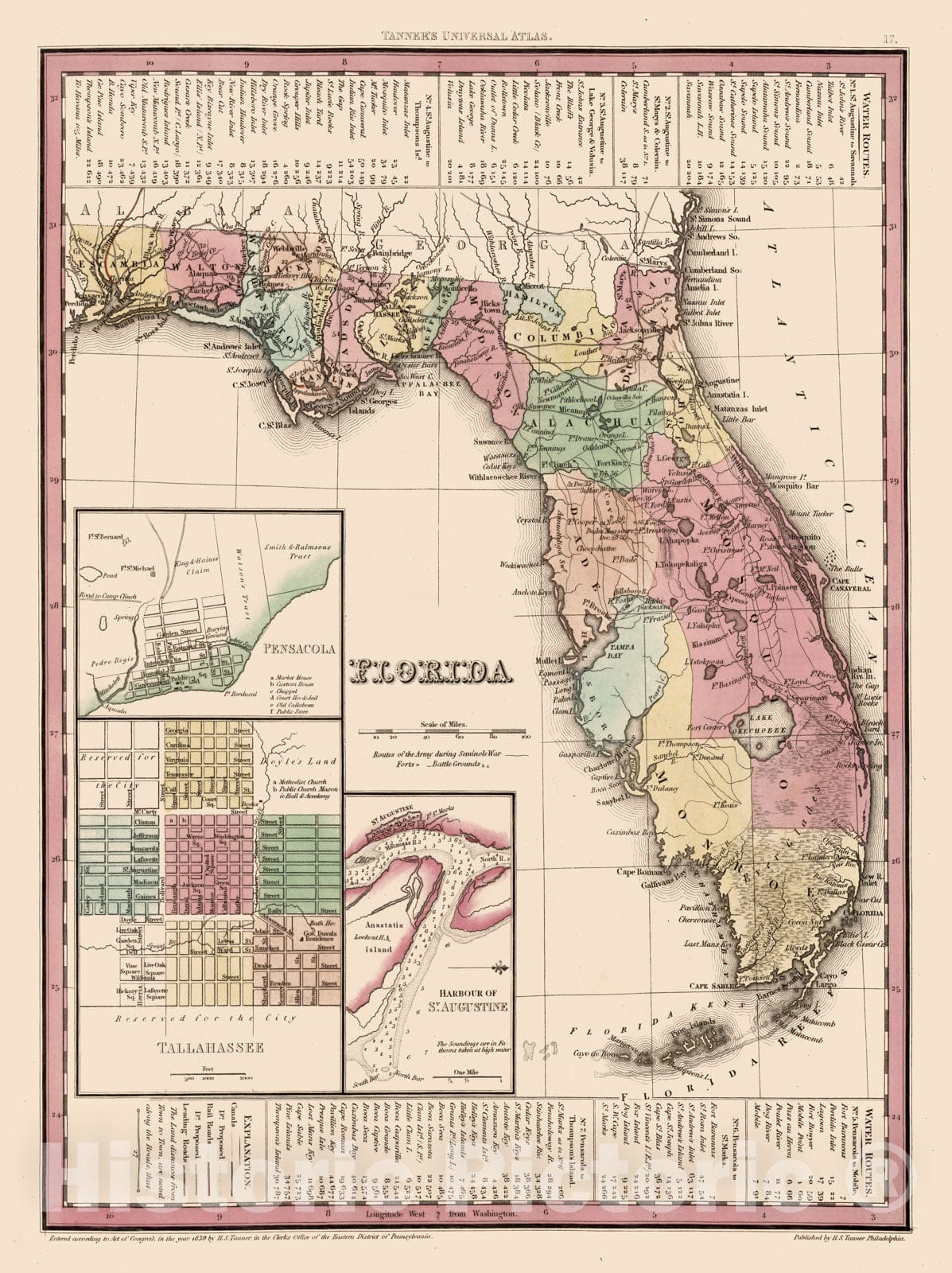 Historic Map - Florida. (Insets) Pensacole. Tallahassee. St. Augustine, 1839 Atlas - Vintage Wall Art