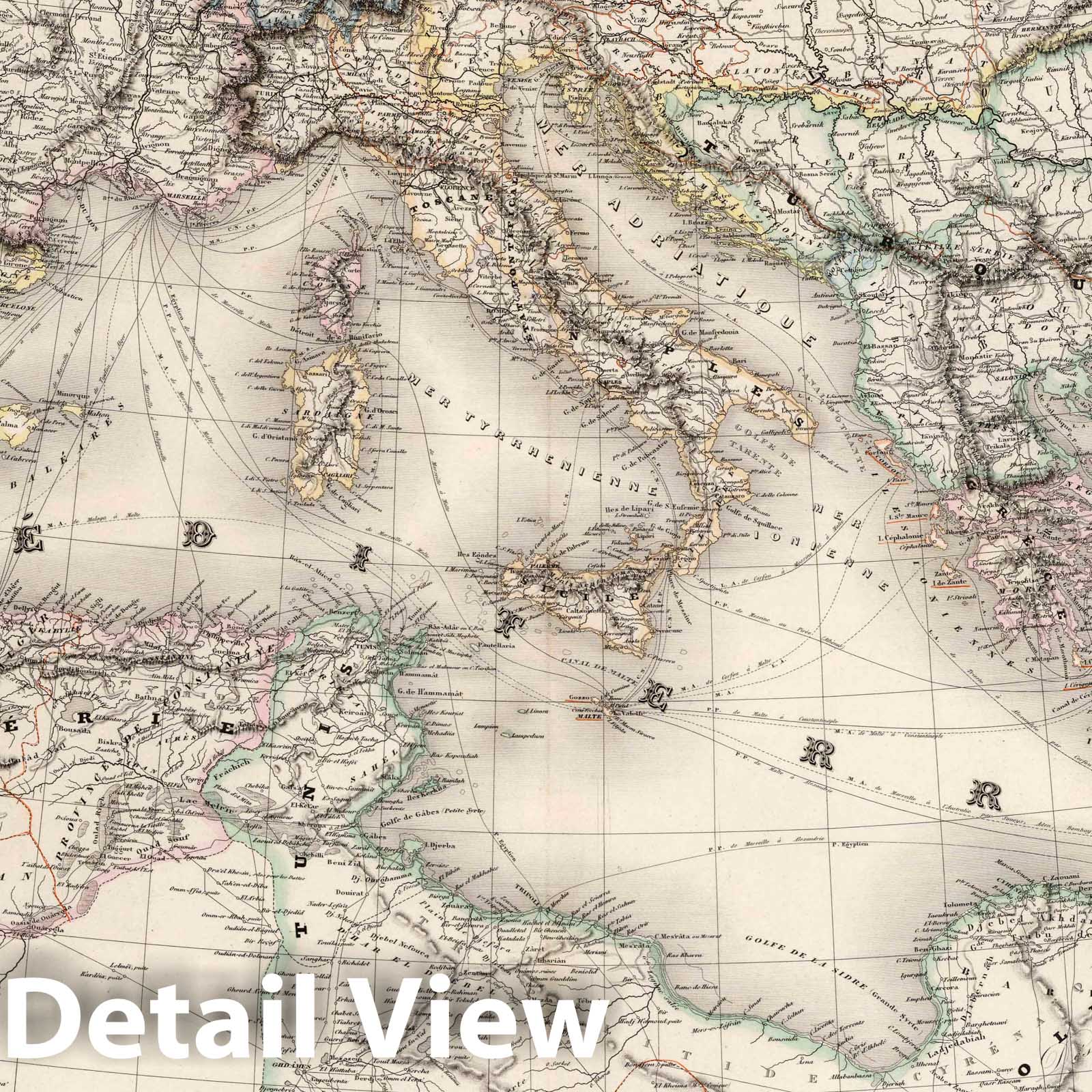 Mediterranean Sea Basin - Road Map, 1863 - Historical Map Print