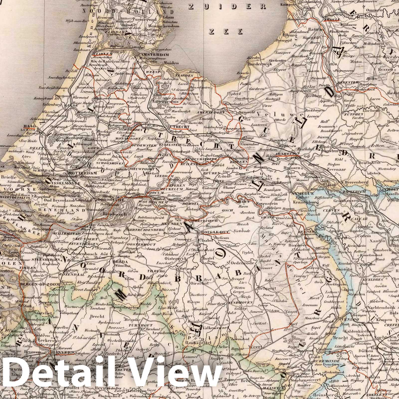Netherlands, Belgium and Luxembourg - Road Map, 1863 - Historical Map Print
