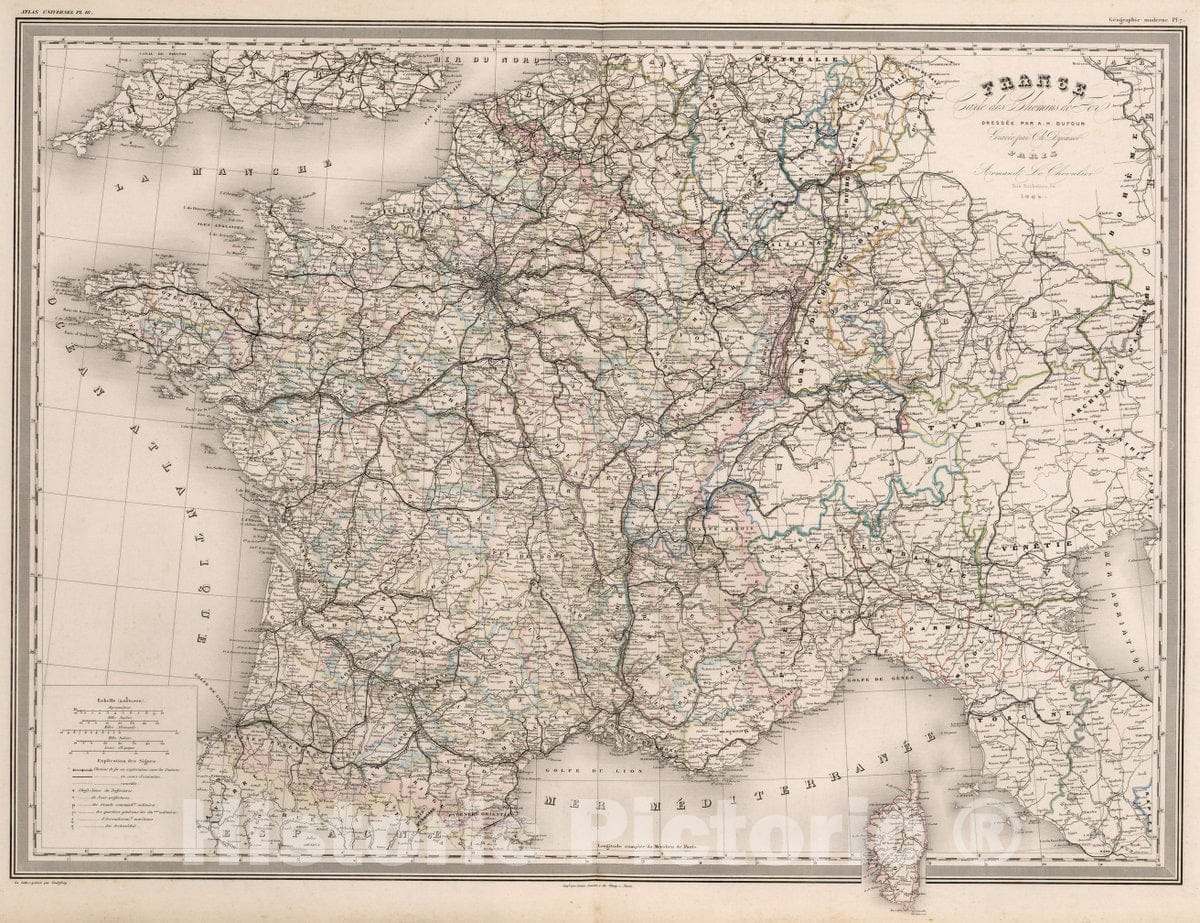 Historic Map : France, France : Carte des chemins de fer. Pl. 16, 1864 Atlas , Vintage Wall Art