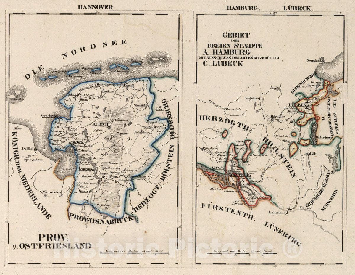 Hanover, Ostfriesland, Hamburg, and Lubeck, 1825 - Historical Map Print