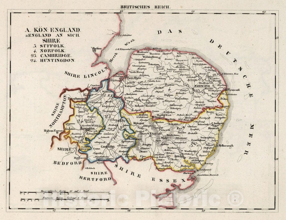 Historic Map : England, V.3:11-15:XV. Britisches Reich. A. Kon: England. a. England ab Sich: Shire: 3-4, 23-24, 1830 Atlas , Vintage Wall Art