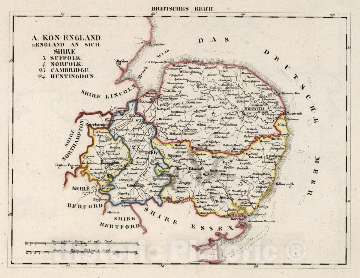 Historic Map : England, V.3:11-15:XV. Britisches Reich. A. Kon: England. a. England ab Sich: Shire: 3-4, 23-24, 1830 Atlas , Vintage Wall Art