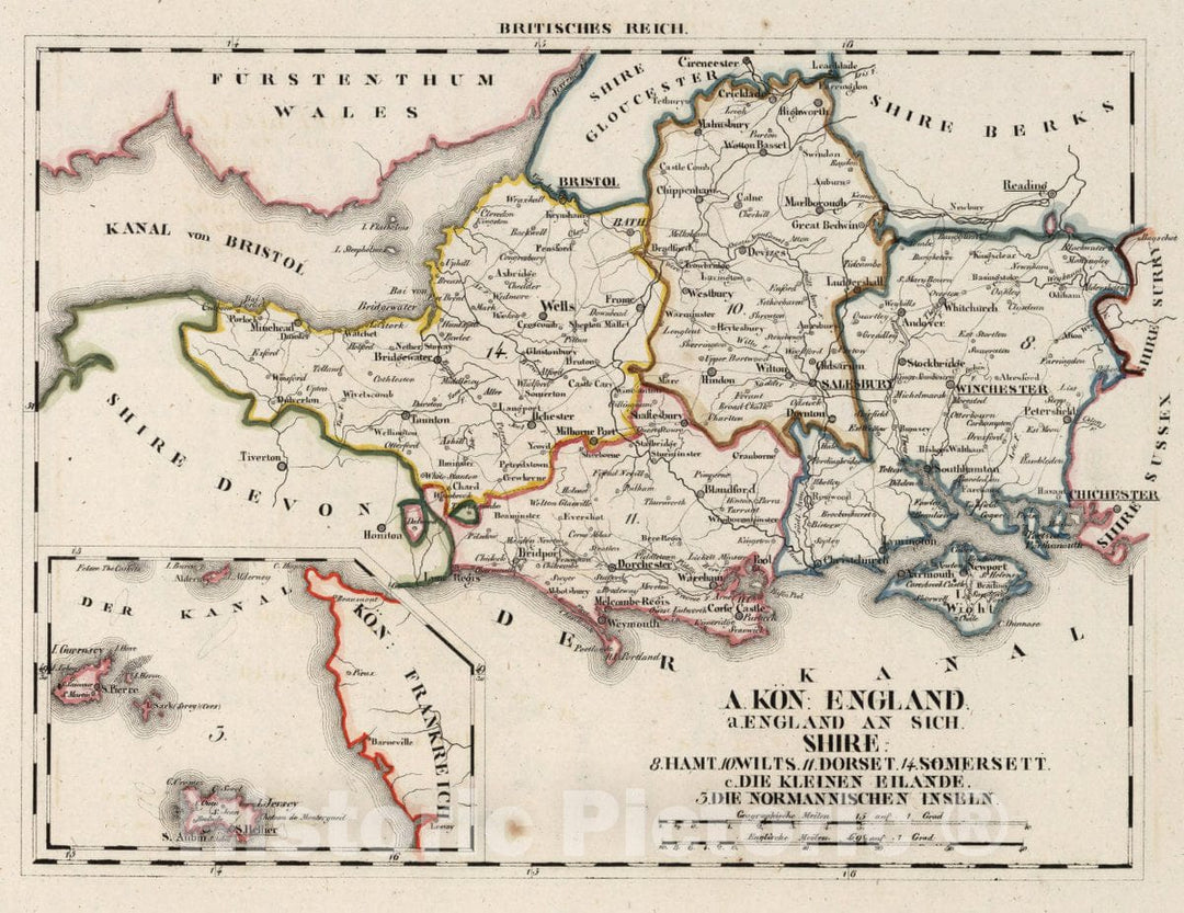 Historic Map : England, V.3:11-15:XV. Britisches Reich. A. Kon: England. a. England ab Sich: Shire: 8, 10-11, 14, 1830 Atlas , Vintage Wall Art