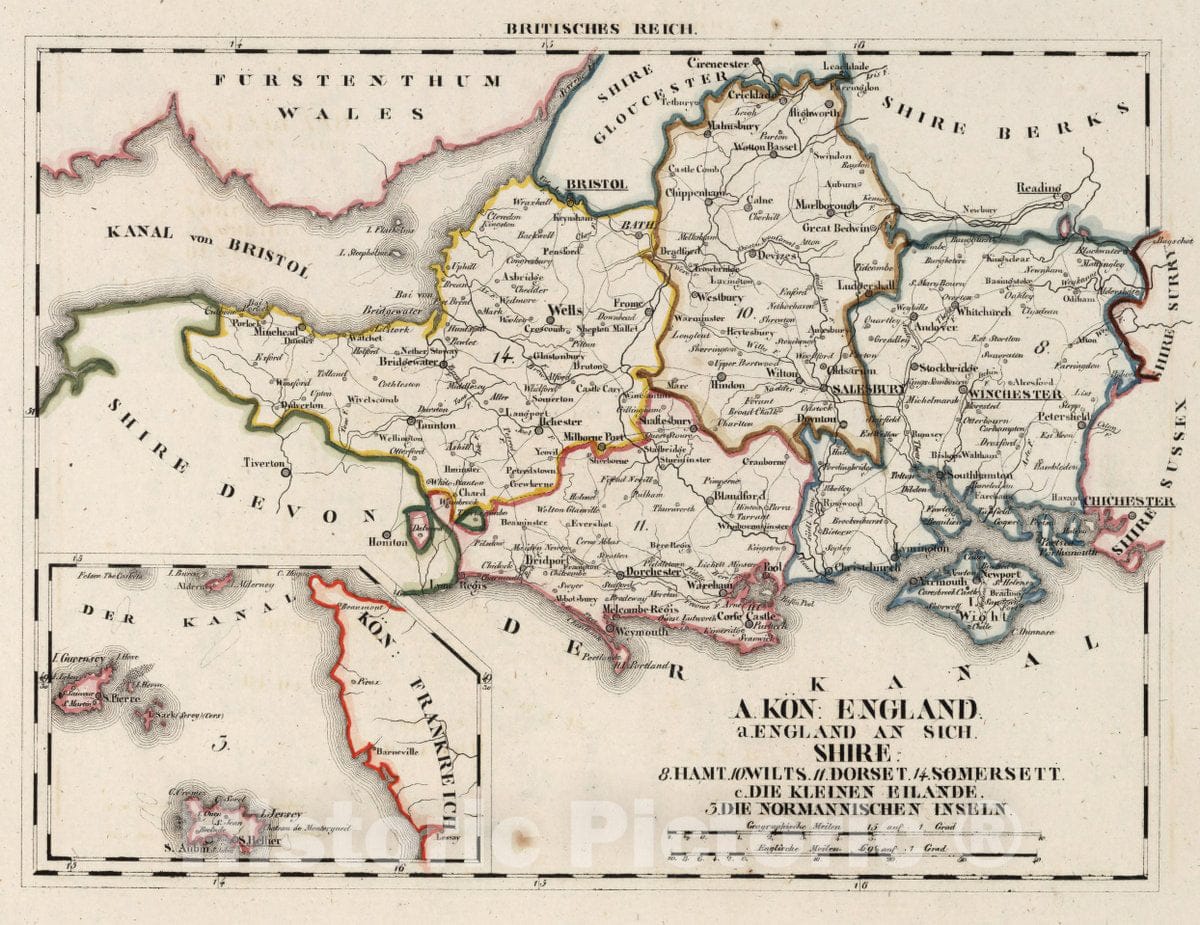 Historic Map : England, V.3:11-15:XV. Britisches Reich. A. Kon: England. a. England ab Sich: Shire: 8, 10-11, 14, 1830 Atlas , Vintage Wall Art