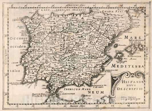 Historic Map : Spain, Iberian Peninsula Hispaniae nova descriptio, 1636 Atlas , Vintage Wall Art