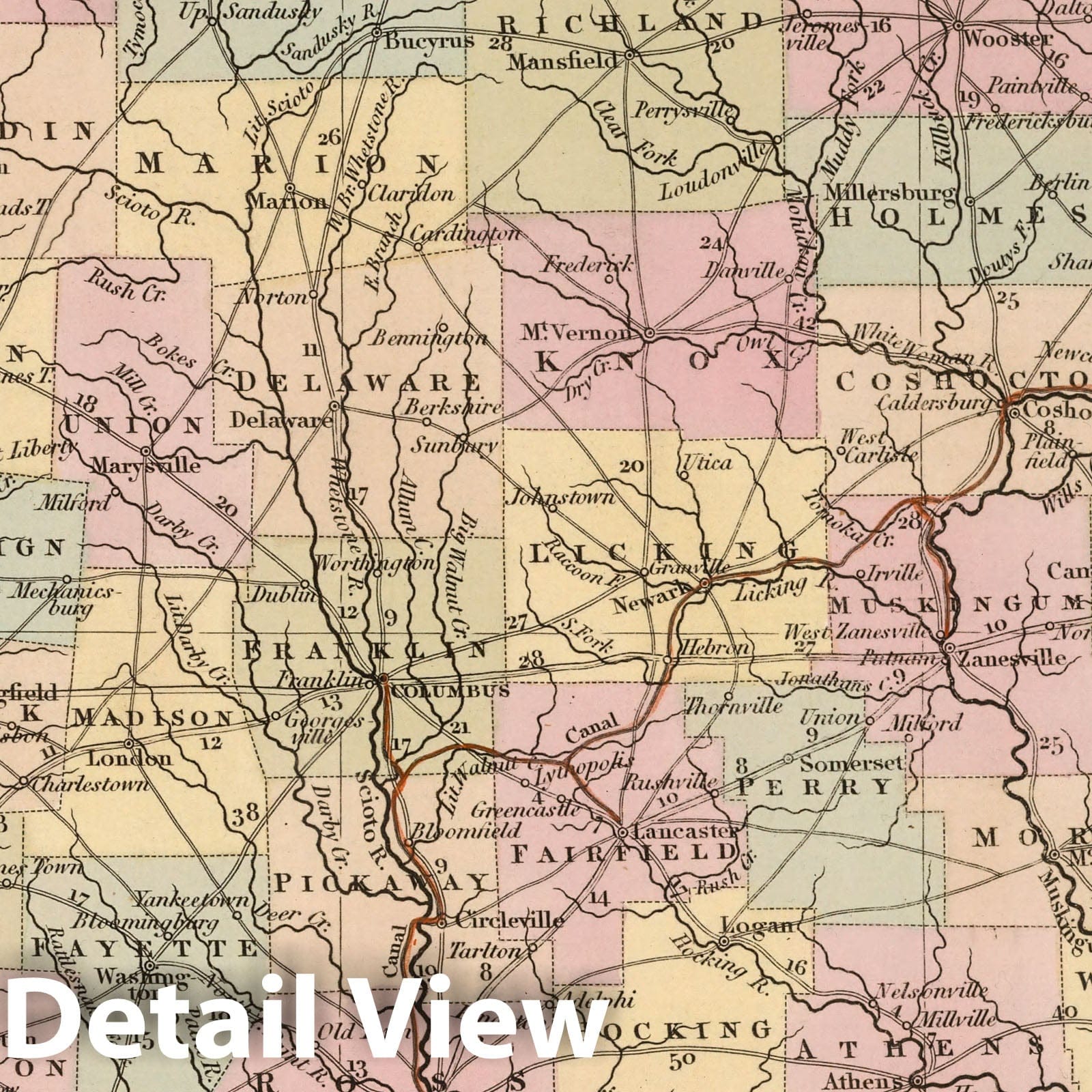Ohio with Canal, Roads and Distances, 1836 - Historical Map Print