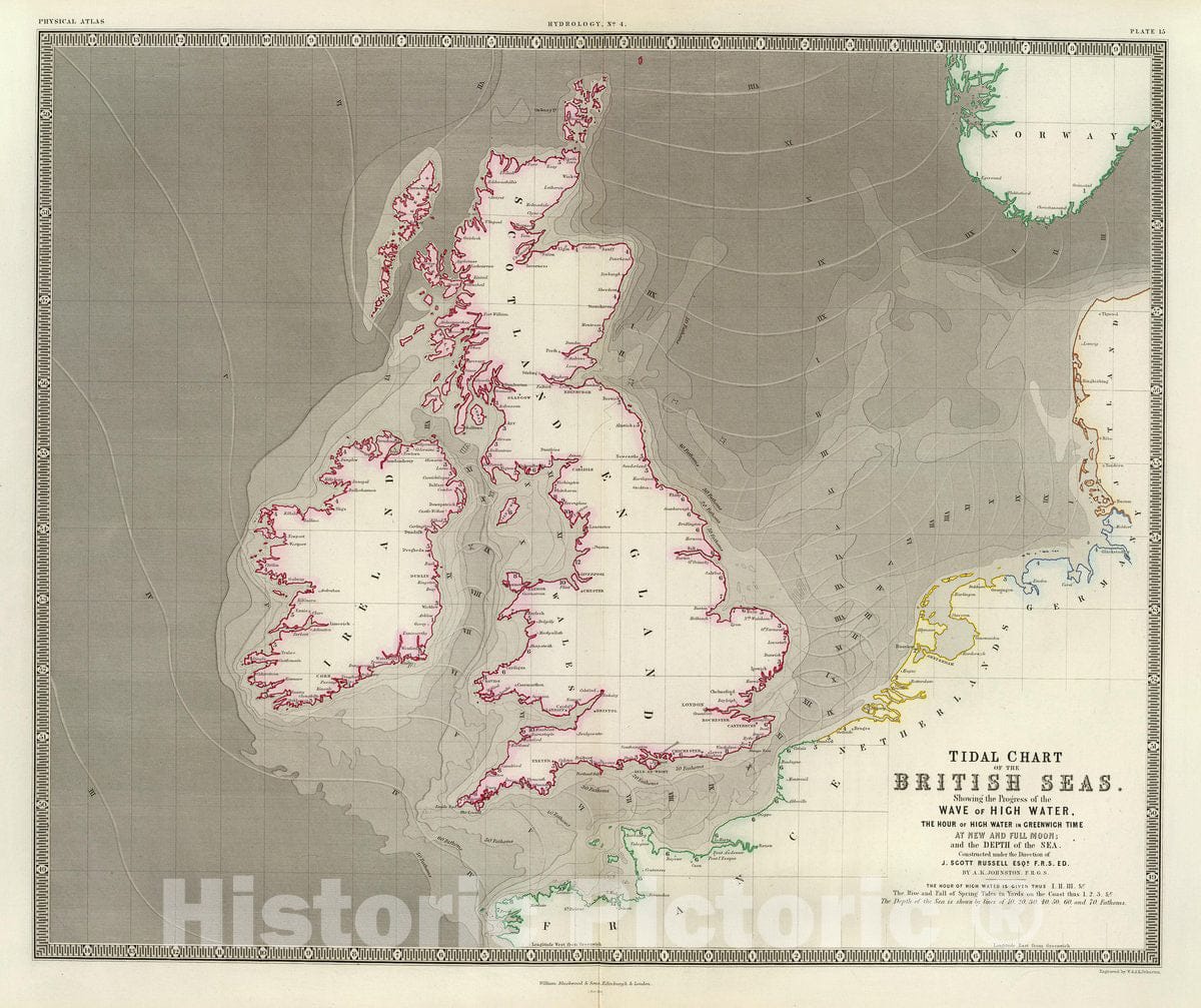 Historic Map : Tidal chart British Seas., 1856, Vintage Wall Decor