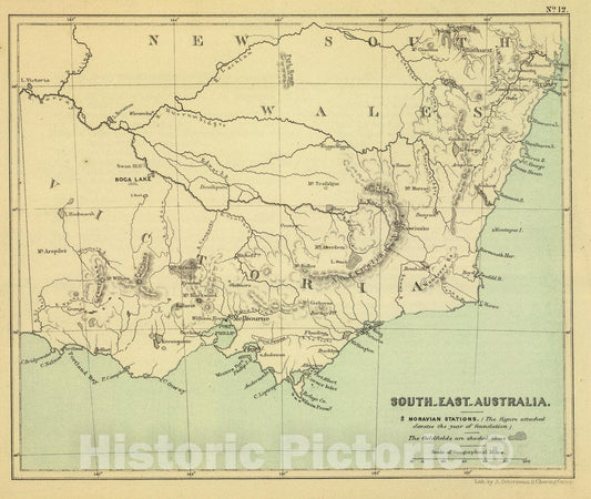 Historic Map : Australia, South-East-Australia. (Moravia Church establishments). Lithe. by A. Peterson, 9, Charing Cross. (1853), 1853 Religious Atlas , Vintage Wall Art