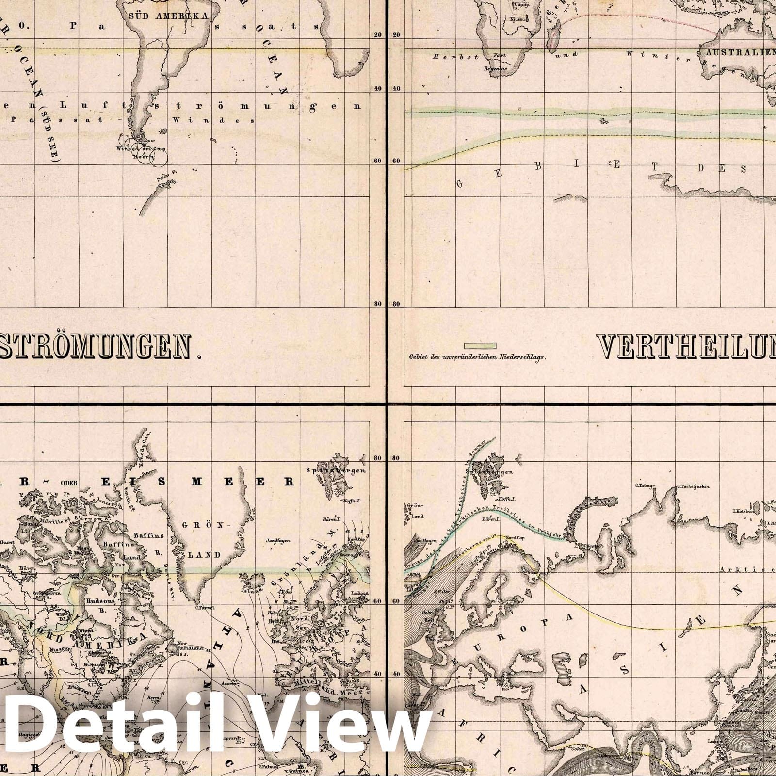 World Physical Map: Air Currents, Hydrography, Isothermal Lines - Climate Map, 1866
