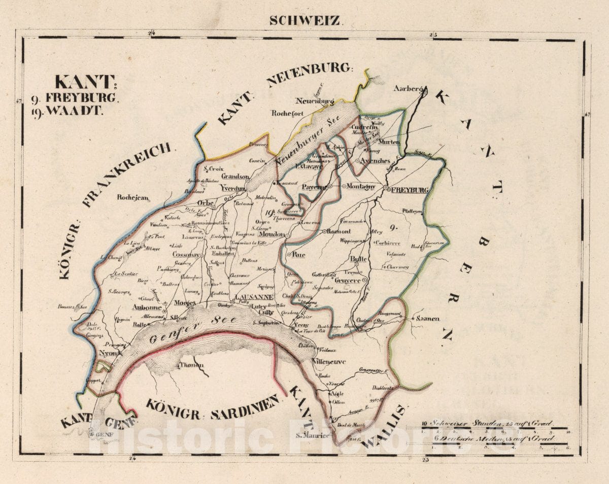 Historic Map : Switzerland, V.1:1-5: III: Schweiz. Kant: 9. Freyburg. 19. Waadt, 1825 Atlas , Vintage Wall Art