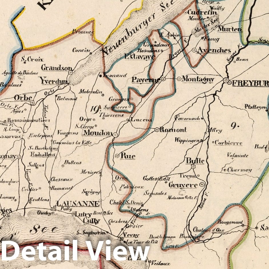 Fribourg and Vaud, Switzerland - Boundary Map, 1825