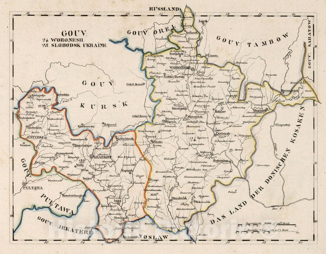 Historic Wall Map : Russia, V.3:11-15:XIII. Russland. Gouv: 24. Woronesh. 28. Slobodsk Ukraine, 1829 Atlas , Vintage Wall Art