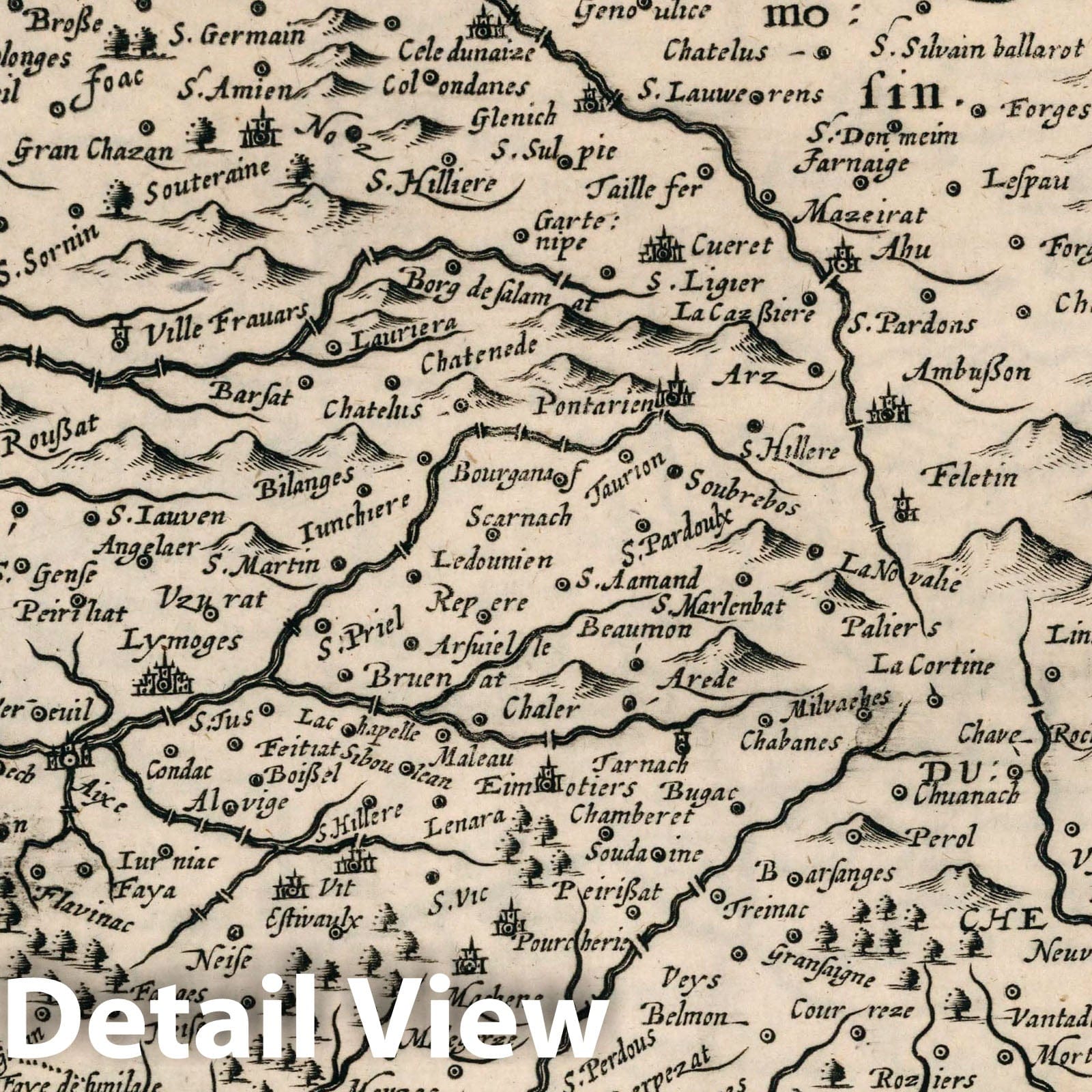 Limoges, France - River Map, 1636 - Historical Map Print