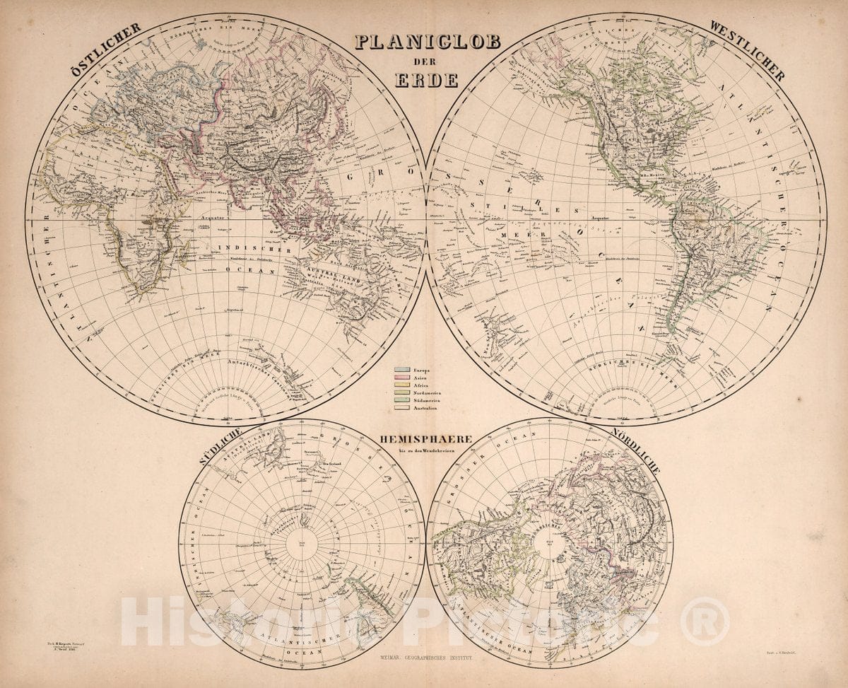 Historic Wall Map : Planiglob der Erde. Nordliche Hemisphaere bis zu den Wendekreisen, 1861 Atlas - Vintage Wall Art