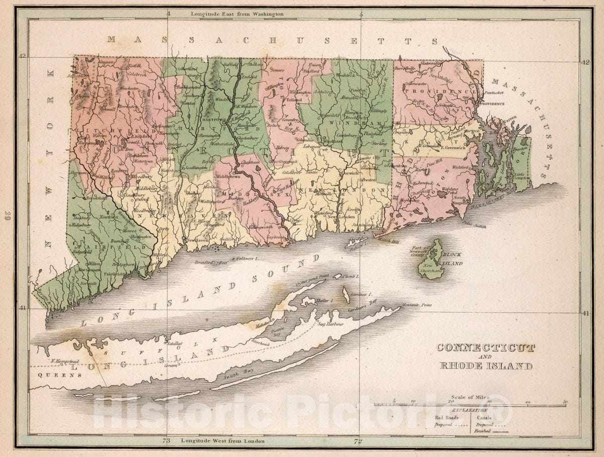 Historic Map : Connecticut and Rhode Island. A Comprehensive Atlas, Geographical, Historical & Commercial, 1838 Atlas - Vintage Wall Art