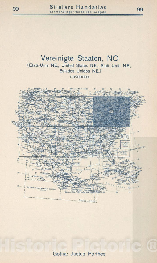 Historic Map : 1925 Index Map: 99. Vereinigte Staaten NO. United States NE. - Vintage Wall Art