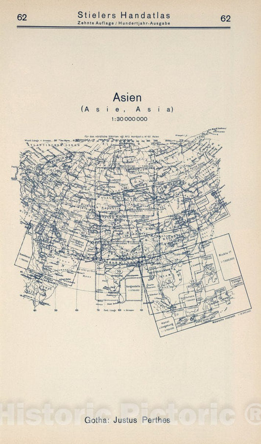 Historic Wall Map : 1925 (Index Map) 62. Asien. Asia. - Vintage Wall Art