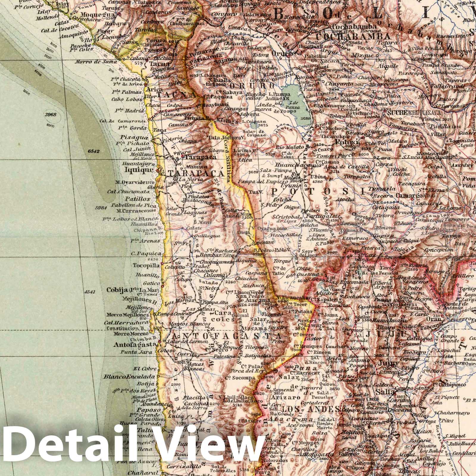 Central Andes, Chile, Peru, Bolivia, Argentina 1925 - Historical Map Print