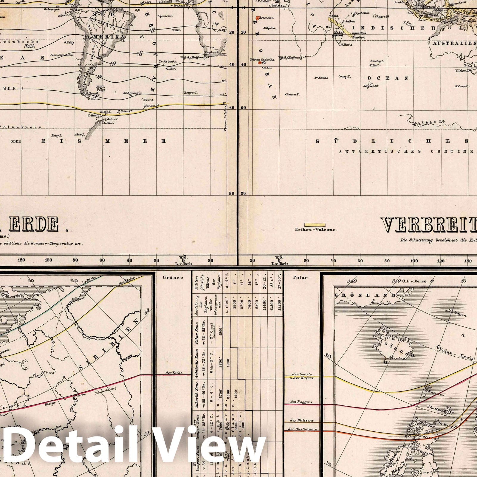 World - Isotherms, Volcanoes, Plants, and Crops, 1866 - Historical Map Print