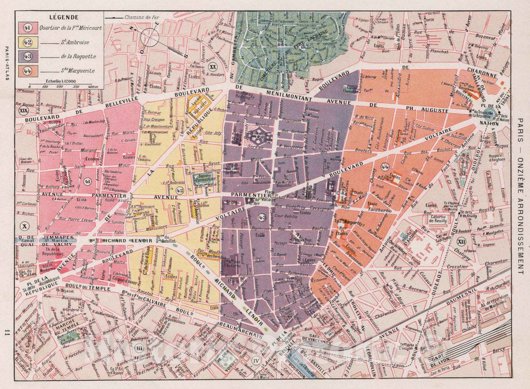 Historic Map : Paris , France, Paris - Onzieme Arrondissement, 1900 City Atlas , Vintage Wall Art