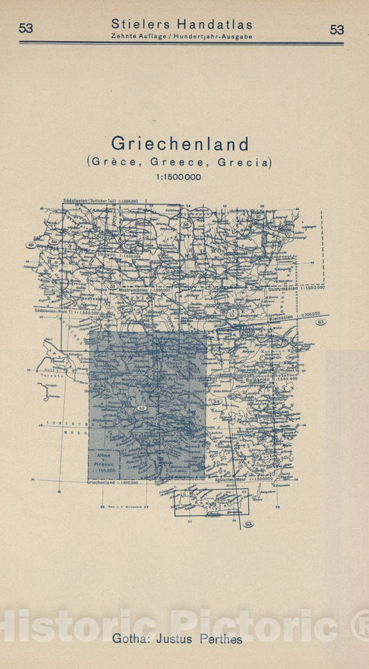Historic Map : 1925 Index Map: 53. Griechenland. Greece. - Vintage Wall Art