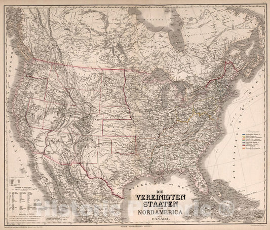 Historic Map : United States, Die Vereinigten Staaten von Nord America nebst Canada, 1865 Atlas , Vintage Wall Art