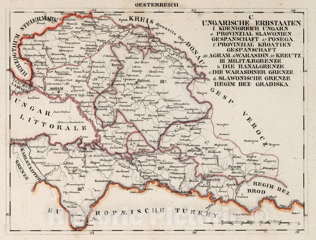 Historic Map : Austria, V.3:11-15:XII: 2. Oesterreich. C. Ungarische erbstaaten, I. Koenigreich Ungarn III. Militaergrenze, 1828 Atlas , Vintage Wall Art