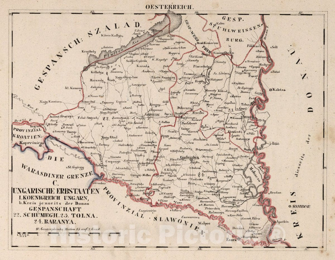 Historic Map : Austria, V.3:11-15:XII: 2. Oesterreich. C. Ungarische erbstaaten, I. Koenigr: Ungarn, Gespanschaft 22-24, 1828 Atlas , Vintage Wall Art